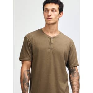 A unisex henley t-shirt in a muted brown colour, featuring a buttoned neck and short sleeves.
