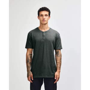 A unisex Henley T-shirt in a dark grey colour with a three-button placket and short sleeves. It features a logo.