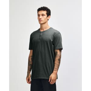 A unisex Henley T-shirt in dark grey, featuring a three-button placket and a relaxed fit.