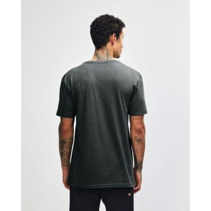 A unisex henley T-shirt in dark grey, featuring a plain back and casual fit. It includes a logo.