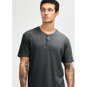 A unisex henley t-shirt in dark grey, featuring short sleeves and a buttoned neckline. Includes a logo.