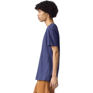 A unisex henley T-shirt in navy blue, featuring a simple design and side profile view. It has a branding logo.
