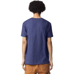 A unisex henley T-shirt in navy blue with a regular fit and a logo on the back.
