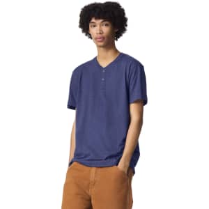 A unisex henley T-shirt in navy blue, featuring a two-button placket and short sleeves, with a logo present.