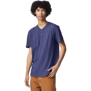 A unisex Henley T-shirt in a deep navy colour, featuring a three-button placket and a relaxed fit.