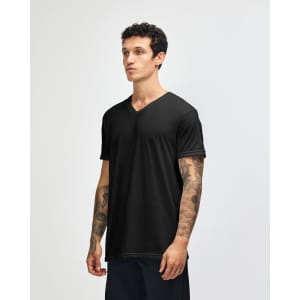 A black unisex V-neck T-shirt displayed on a model standing sideways, featuring a logo.