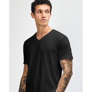 A black unisex V-neck T-shirt displayed on a model, featuring short sleeves and a simple design.