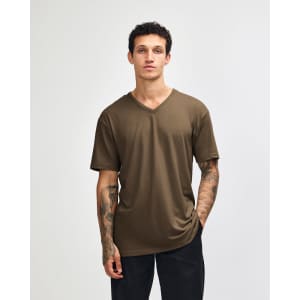 A unisex olive green V-neck t-shirt with short sleeves, displayed on a model. The shirt features a logo.