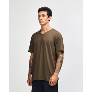 A unisex olive green V-neck T-shirt with short sleeves, featuring a branding logo.
