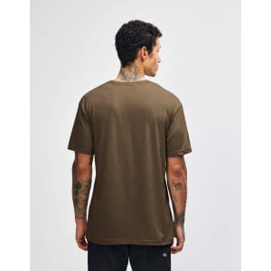 A unisex olive green V-neck T-shirt with a plain back view, featuring a logo.