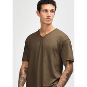 A unisex V-neck T-shirt in olive green, featuring short sleeves and a relaxed fit. It has a subtle logo.