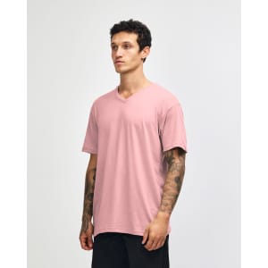 A unisex V-neck T-shirt in a soft pink colour, displayed from the side with a subtle logo.