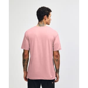 A unisex V-neck T-shirt in soft pink, featuring a plain back and comfortable fit. Includes a logo on the label.