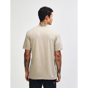 A unisex V-neck T-shirt in a beige colour, displayed from the back. The shirt features a logo.