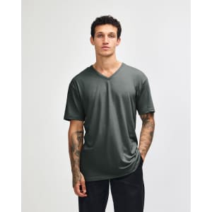 A unisex v-neck t-shirt in dark grey, featuring short sleeves and a logo on the front.