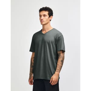 A unisex V-neck T-shirt in dark charcoal, featuring short sleeves and a fitted design. Includes a logo.