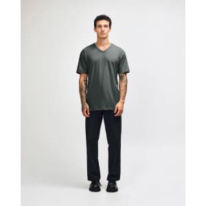 A unisex V-neck T-shirt in dark grey with short sleeves and a slim fit. Features branding on the shirt.