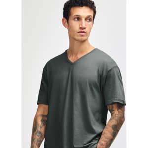 A unisex V-neck T-shirt in charcoal grey with short sleeves, featuring a logo.