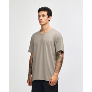A unisex v-neck t-shirt in a light grey colour, featuring a simple design and a logo on the side.