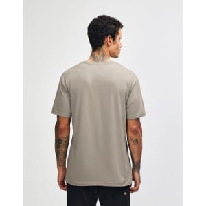 A unisex V-neck T-shirt in a neutral grey colour, featuring a plain back without logos or designs.