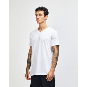 A white unisex V-neck T-shirt in a side view, featuring a simple design and a slight fit.