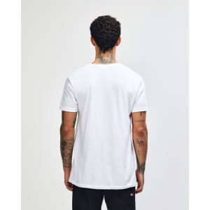 A white unisex V-neck T-shirt with short sleeves, featuring a plain back and a logo on the side.