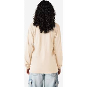 A long sleeve T-shirt in beige, viewed from the back, featuring a logo on the upper back.