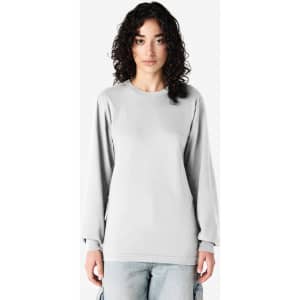 A grey long sleeve T-shirt featured on a model, made from fine jersey fabric, with a simple design and no visible logos.
