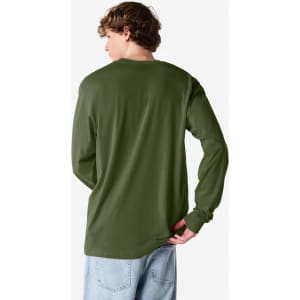 A green long sleeve T-shirt, featuring a logo, displayed on a person from the back, with casual denim pants.