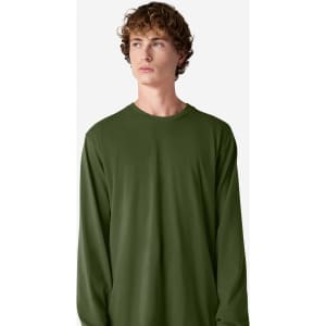 A long sleeve t-shirt in olive green, featuring a plain design and a logo on the chest.