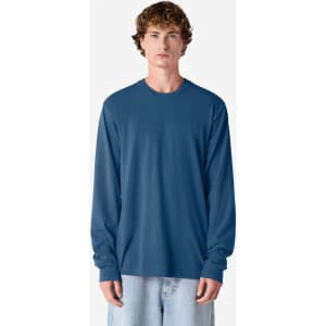 A long sleeve t-shirt in a deep blue hue, featuring a round neckline and a logo on the front.