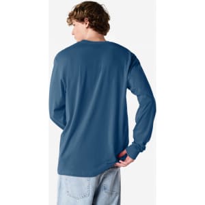A long sleeve t-shirt in blue, featuring a casual fit and a logo on the back.