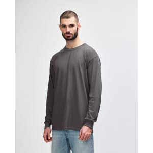 A grey long sleeve t-shirt designed for adults, featuring a crew neck and a simple, unadorned style.