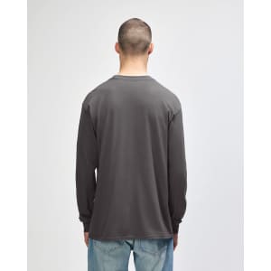 A grey long sleeve t-shirt from Gildan, featuring a simple design and a standard fit.