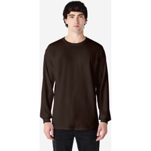 A long-sleeve T-shirt in dark brown, featuring a round neck and a logo on the side.