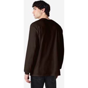 A brown long sleeve t-shirt featuring a simple design and a logo, shown from the back on a male model.