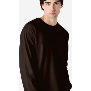 A model wearing a black long sleeve T-shirt made from Ultra Cotton fabric, featuring a subtle logo.