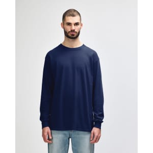 A long sleeve t-shirt in navy blue, featuring a simple design and a logo on the front.