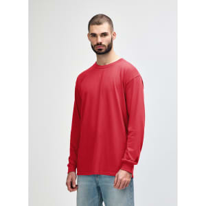 A red long sleeve T-shirt with a round neckline and a logo on the front, displayed on a model.
