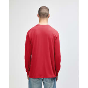 A long sleeve T-shirt in bright red, featuring a plain back and a casual fit. The model is facing away from the camera.