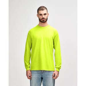 A bright yellow long sleeve t-shirt made from ultra cotton, featuring a logo on the front.