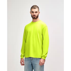 A bright yellow long sleeve T-shirt displayed on a model. The shirt features a logo or branding.