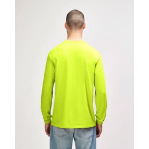 A long sleeve T-shirt in bright yellow with a plain back, featuring a logo on the front.