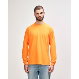 An orange long sleeve T-shirt featuring a back view of a model. The shirt has a logo.