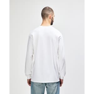 A man wearing a white Gildan Ultra Cotton adult long sleeve t-shirt, viewed from the back.