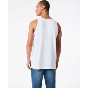A back view of a white unisex fine jersey tank top, paired with blue denim jeans. It features a branding logo.