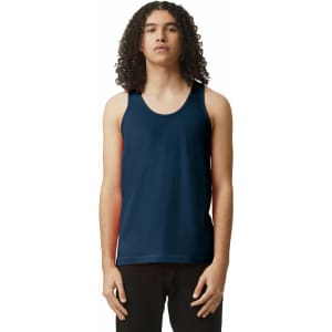 A unisex fine jersey tank in navy blue with a logo, worn by a model standing straight.