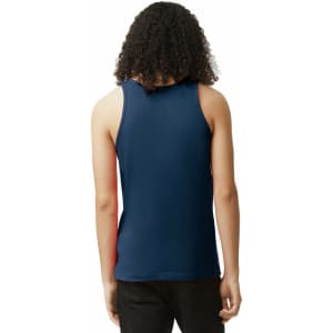 A unisex fine jersey tank featuring a navy back and a vibrant contrast section, with a small branding logo.
