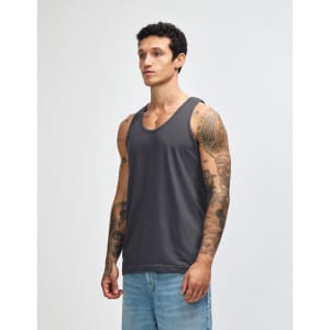 A grey unisex fine jersey tank top with a relaxed fit and branding on it.