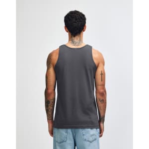 A unisex fine jersey tank top in grey, featuring a smooth finish and a simple design. It has a logo on the back.